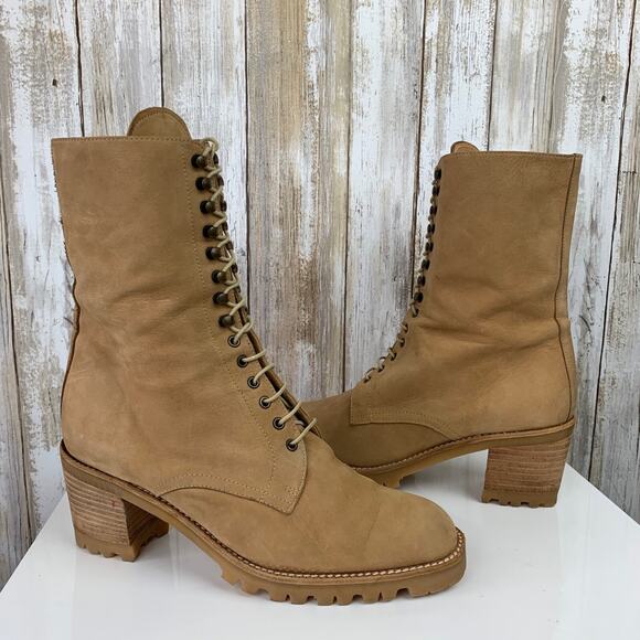 David Aaron Mid Calf Tan Nubuck Leather Lace Up Eyelet Heeled Boots 7 M Spain - Picture 2 of 11